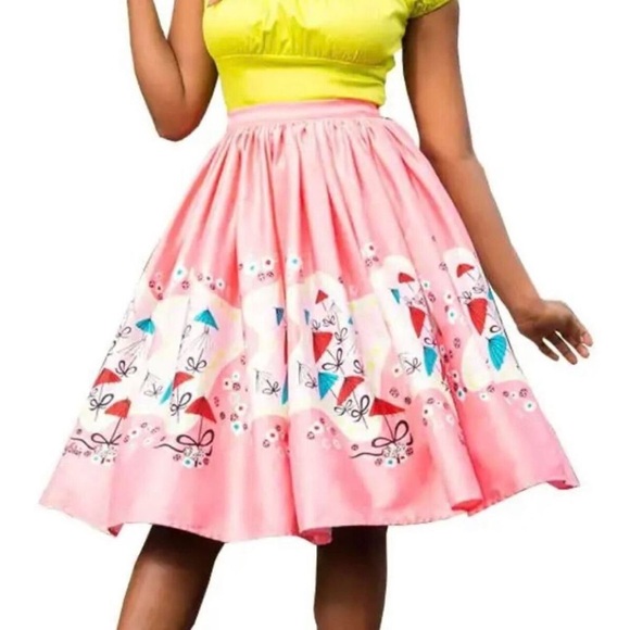 Pinup Couture Dresses & Skirts - RARE Pinup Couture Jenny Circle Skirt Pink Disney Mary Blair Art Umbrellas M